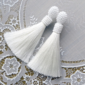 Long White silk tassel earrings Beaded tassel earrings White Oscar de la renta earrings Oscar clip earrings Seed bead earrings Dangle silky