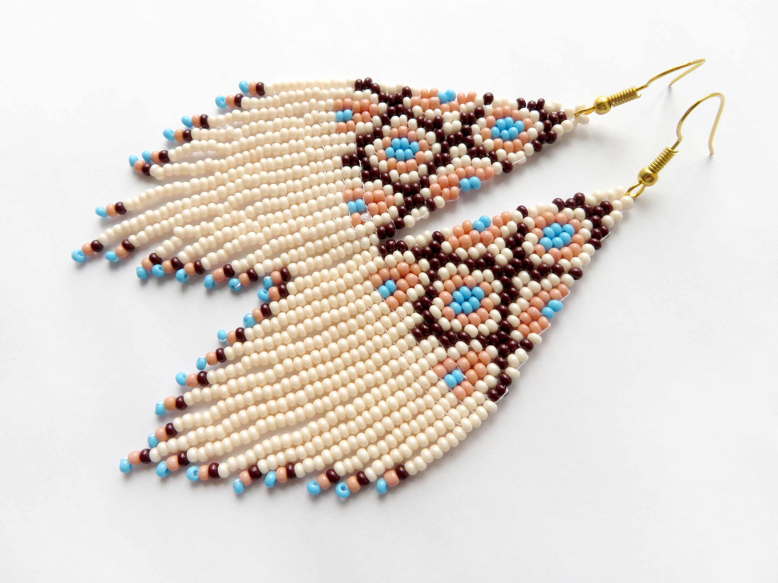 Native Beaded Earrings Long Beige Blue Seed Bead Earrings Multicolored ...