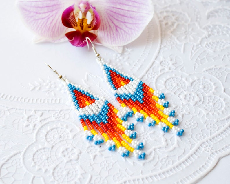 Rainbow earrings Long beaded earrings Long fringe earrings American Indian style jewelry Seed bead Cheap gifts Love gift Birthday gift image 5