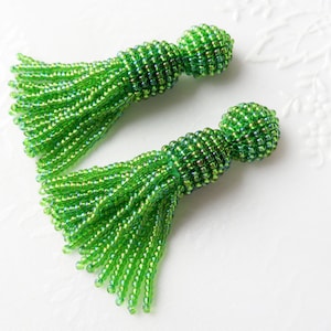 Green beaded earrings Long Green tassel earrings Oscar de la Renta Dangle stud earrings Clip on Seed beads earrings Shine Statement earrings