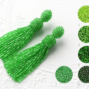 Long Green earrings Green beaded tassel earrings Oscar de la Renta Clip earrings Seed beads earrings Statement earrings Celebrity jewelry