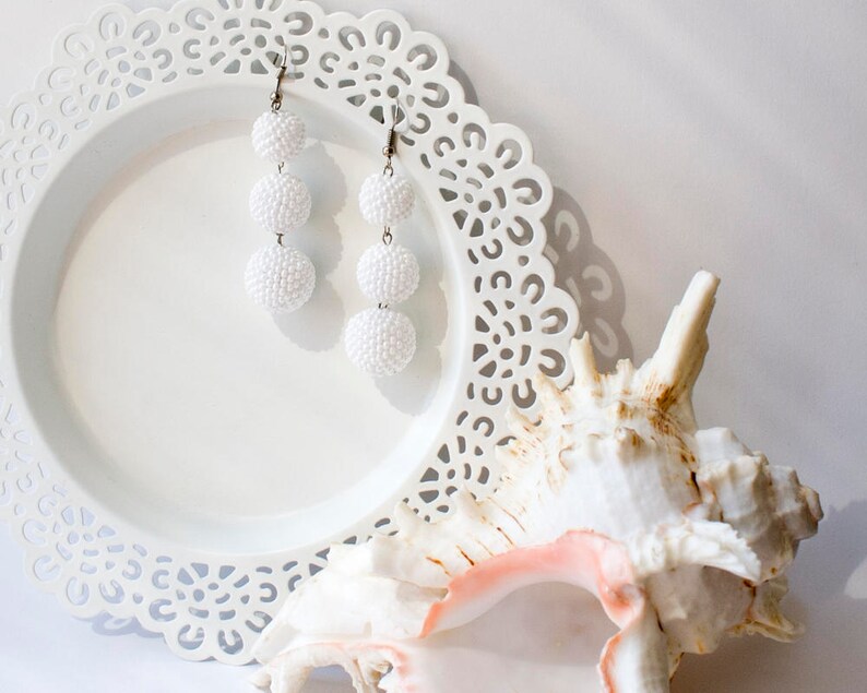 Bon Bon Earrings White Ball Drop Earrings Long Seed Beaded Etsy