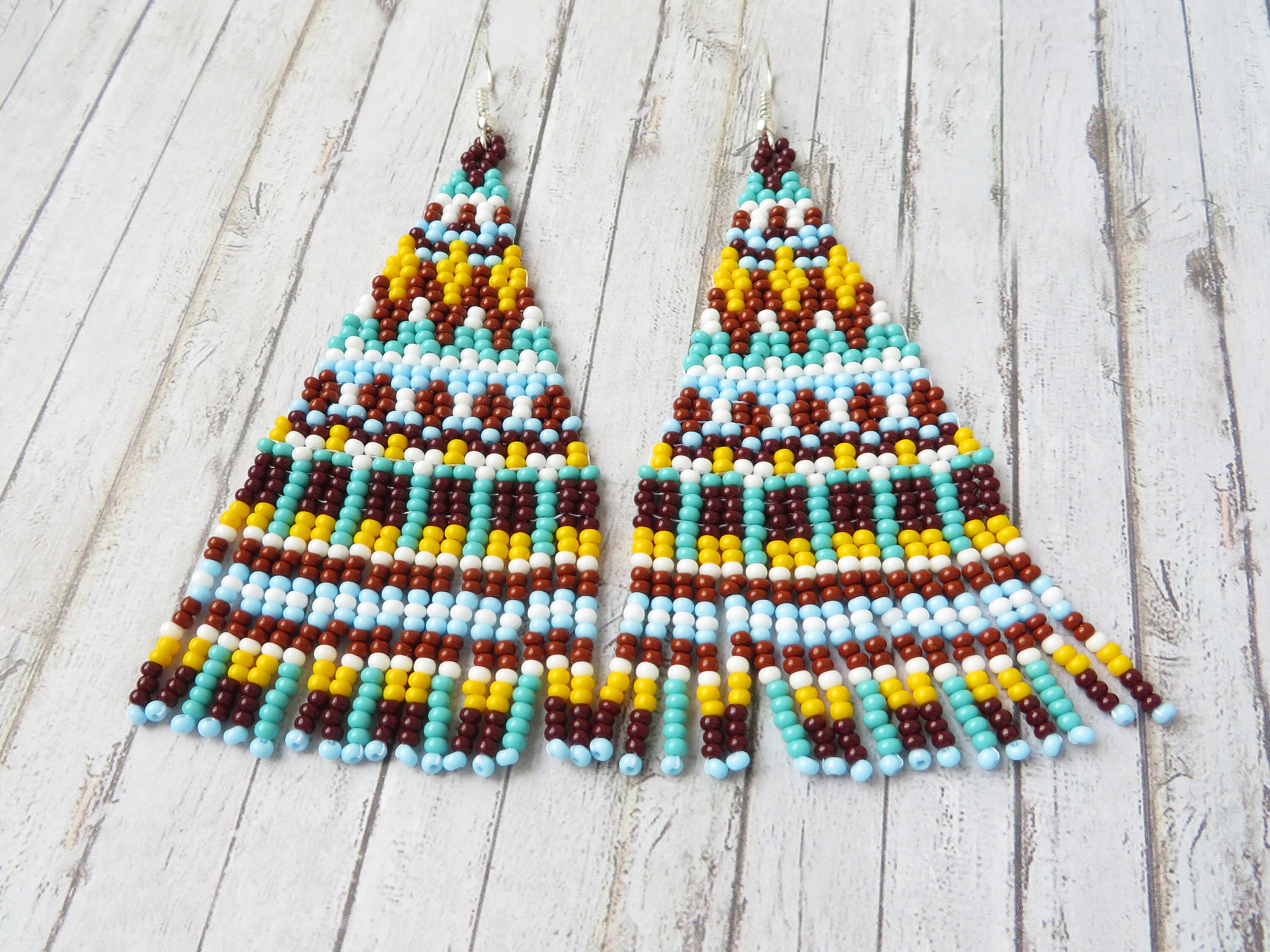Handmade Native Style Seed Beaded Dangle Earrings – Pink, Brown & Purple Fringe