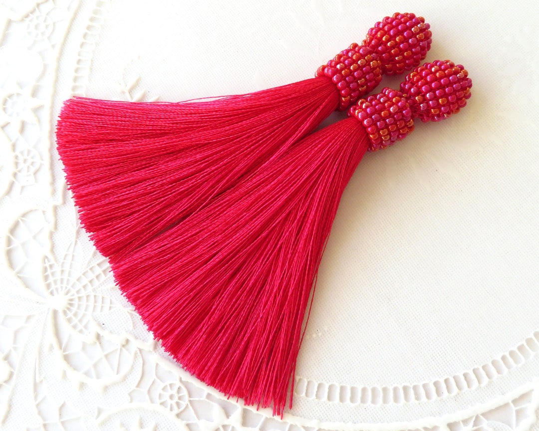 Long Silk Earrings Hot Red Earrings Silk Beaded Tassels Red Tassels Jewelry Red Clip Earrings