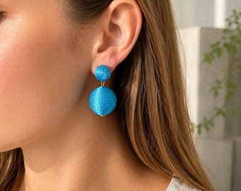 Grote Bon Bon Oorbellen Blauw Turquoise oorbellen Zaad kraal Oorbellen Koord Bonbon Clip op oorbellen Grote kralen oorbellen Lange stud oorbellen