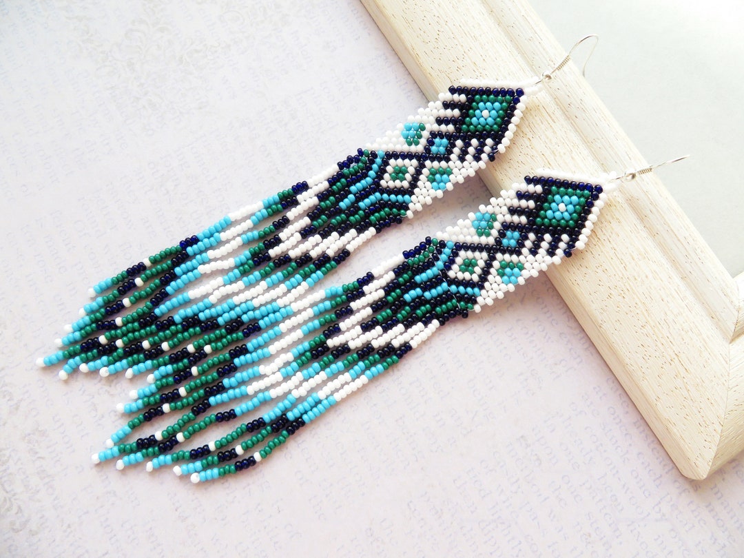 Long White Emerald Blue Seed Bead Earrings Native Beaded Earrings ...