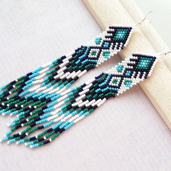 Long White Emerald Blue Seed bead earrings Native beaded earrings Multicolored fringe earrings American Indian style Layered tassel earrings