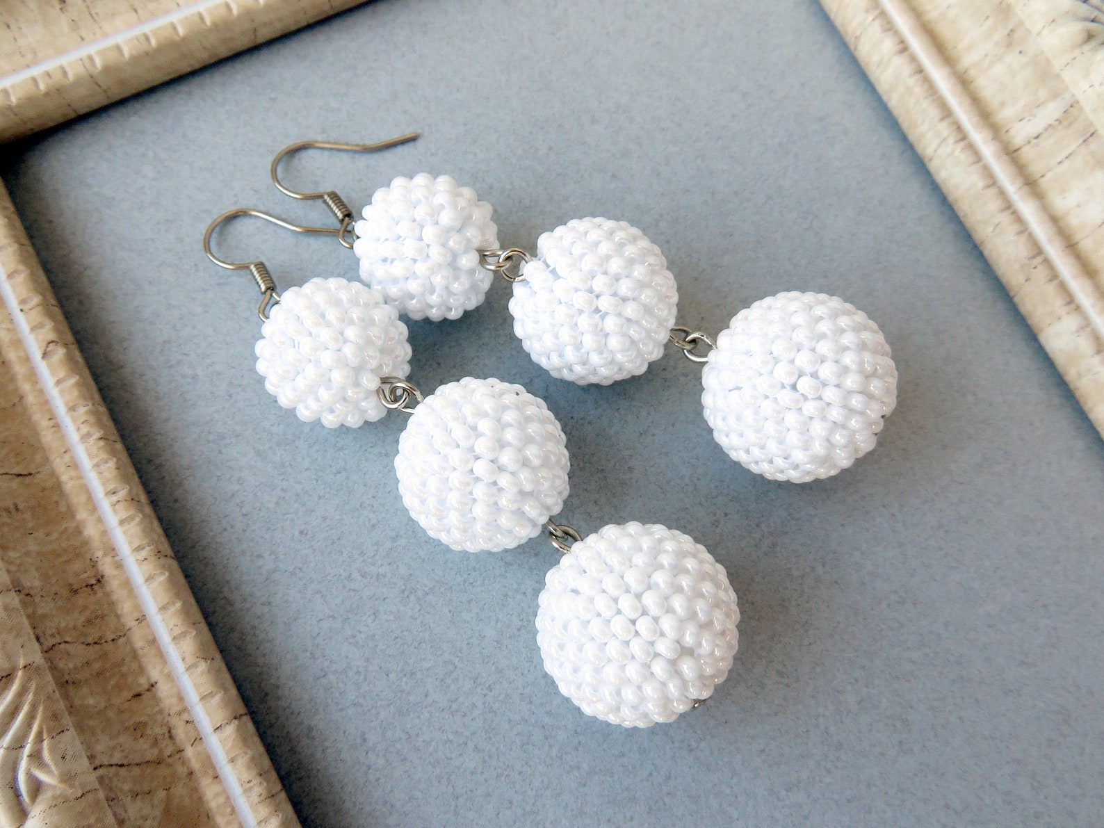 Bon Bon Earrings White Ball Drop Earrings Long Seed Beaded Etsy
