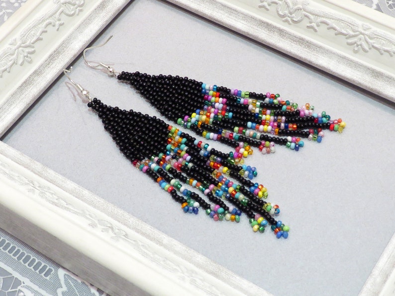 Black Tassel Earrings Long Black Beaded Earrings Multicolored Etsy