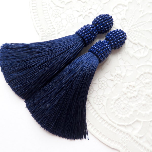 Navy Blue earrings Long silk earrings Silk Beaded Tassels Jewelry Ink Blue Clip tassel earrings Oscar de la renta earrings Clip on earrings