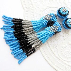 Long Beaded tassel earrings Blue Turquoise Silver Black Fringe earrings Seed bead earrings Oscar de la Renta earrings Dangle clip on tassel