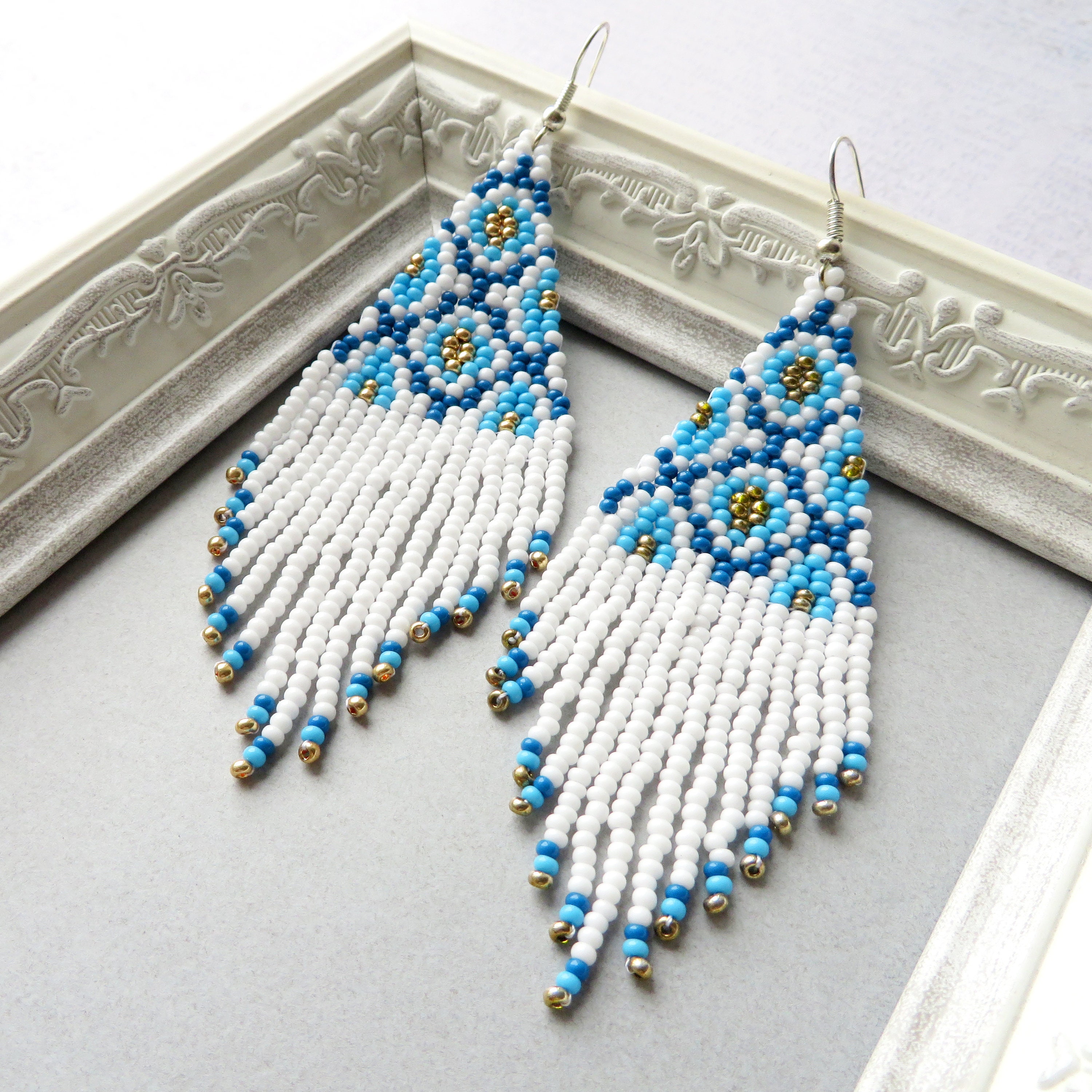 Native Beaded Earrings Long White Blue Seed Bead Earrings Multicolored ...