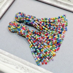 Colorful beaded tassel earrings Multicolor clip on earrings Rainbow stud seed bead earrings Oscar de ra renta earrings Boho Statement tassel