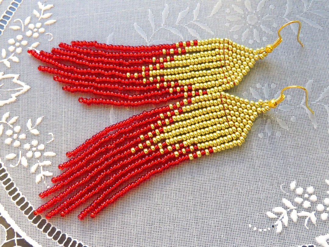 Long Gold Red Beaded Tassel Earrings Gold Red Fringe Earrings American