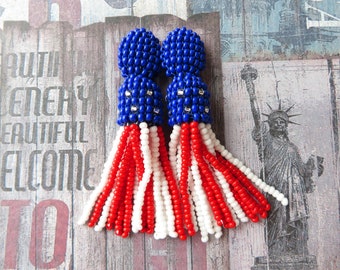 Patriotic Earrings US Flag earrings American Flag Earrings 4th of July earrings Red White Blue earrings Oscar style Beaded tassel earrings