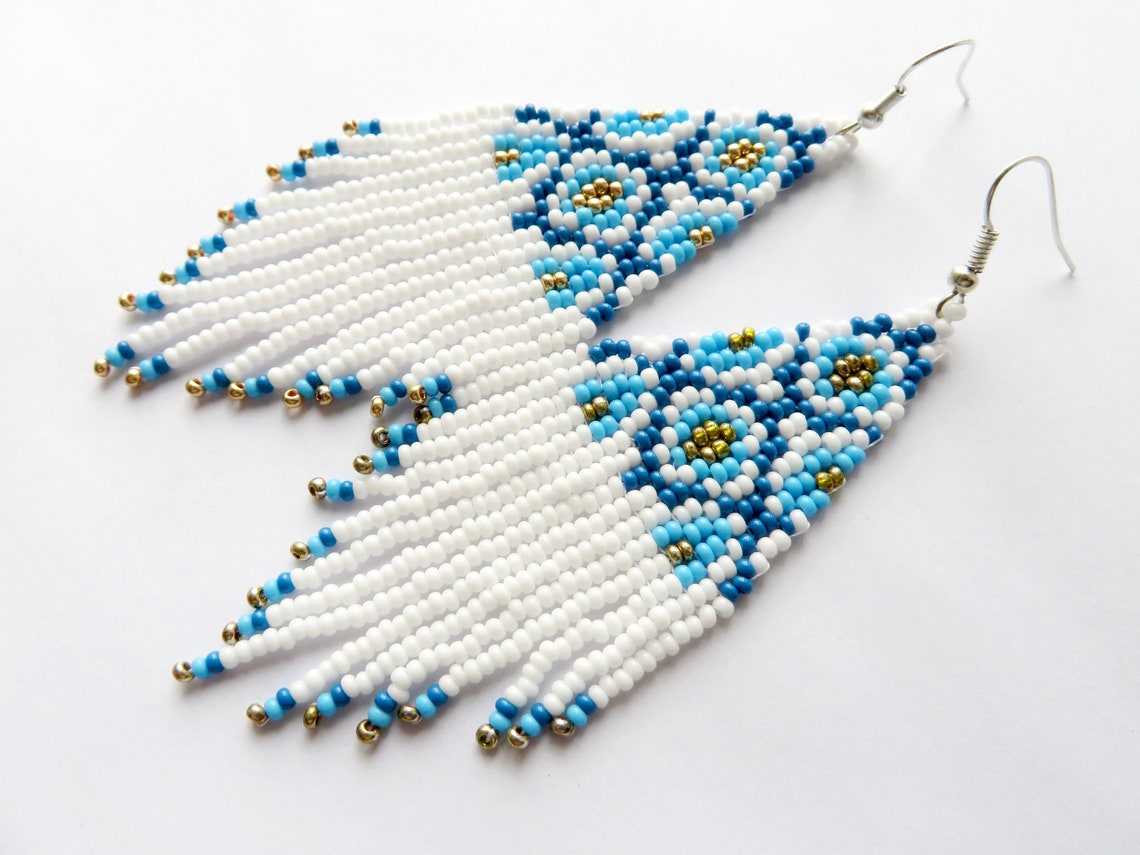 Native Beaded Earrings Long White Blue Seed Bead Earrings Multicolored ...