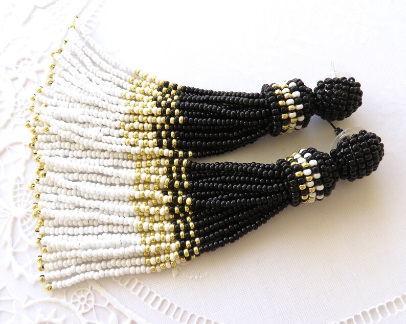 Black White Gold earrings Seed Beaded tassel earrings Oscar de la Renta style Long tassel Clip on earrings Statement Shiny Drop earrings