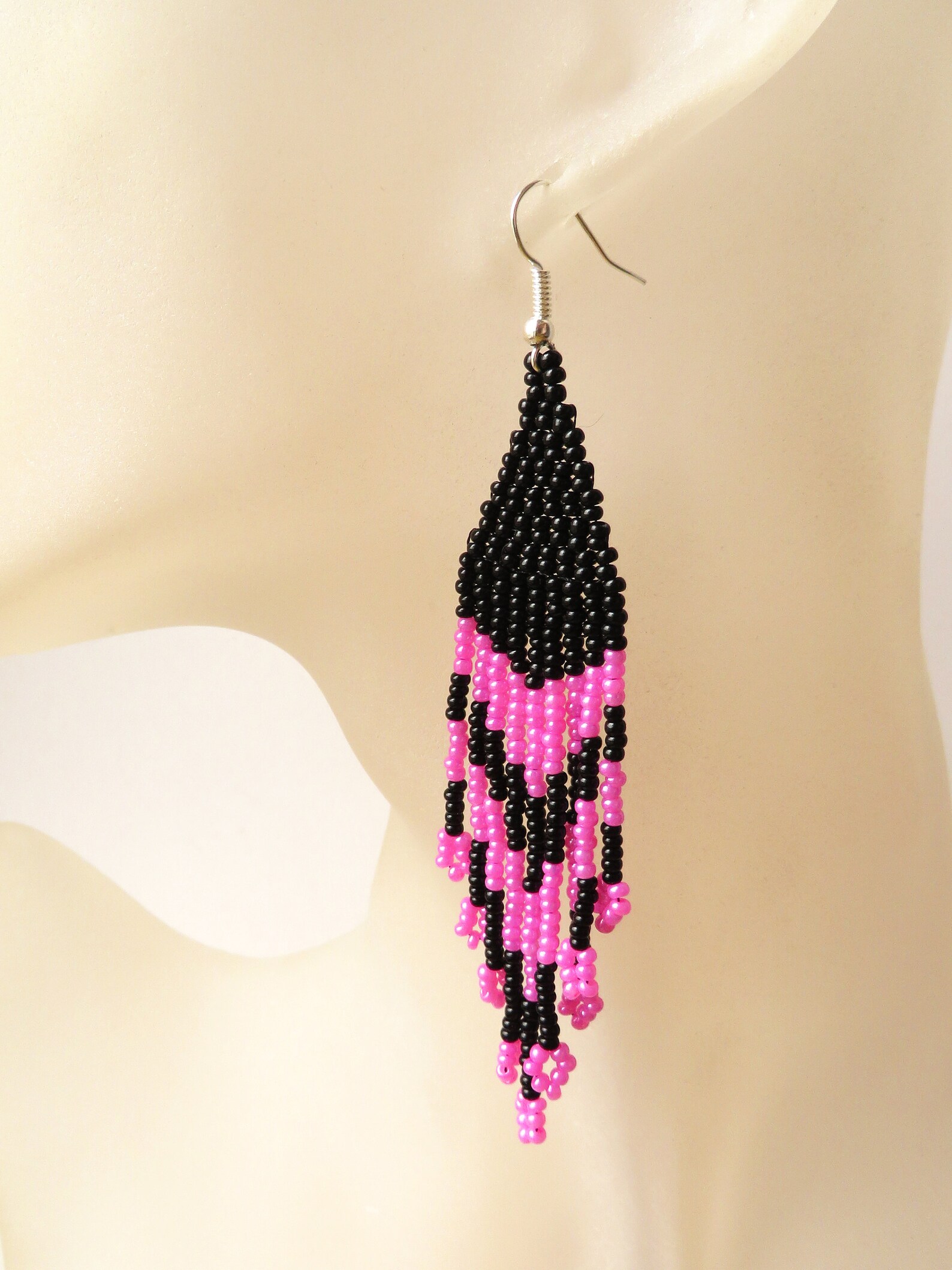 Long Pink Black tassel earrings Seed bead tassel earrings Etsy