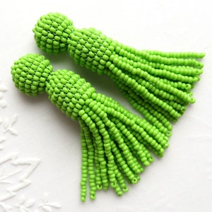 Long Green tassel earrings Green beaded earrings Oscar de la Renta Dangle stud earrings Clip on Seed beads earrings Shine Statement earrings