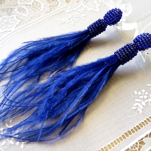 Long Blue Fringe Ostrich Feather Earrings Beaded tassel earrings Oscar earrings Blue clip on tassel Blue earrings Seed bead Blue earrings