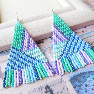 Geometrische Ohrringe bunte Fransen Ohrringe Perlen Quaste Ohrringe lange bunte Perlen Ohrringe Rocade Perlen Ohrringe blau violett Smaragd