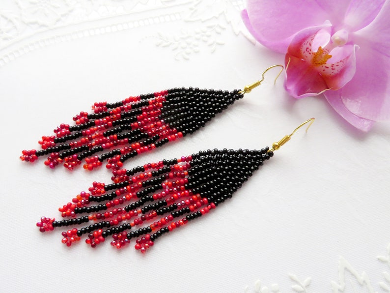 Long Red Black tassel earrings Seed bead tassel earrings Etsy