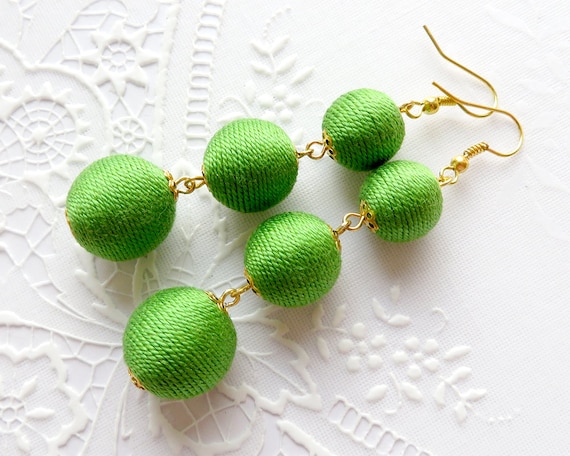 Green Bon Bon Earrings Ball Drop Earrings Long Forest Green