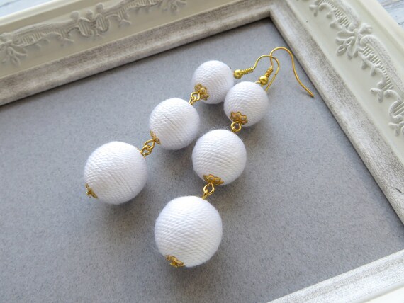 White Bon Bon Earrings Les Bonbons Earrings Cotton Thread Balls Pom Pom Earrings Ball Drop Long Earrings Long Fringe Lightweight Earrings Etsy