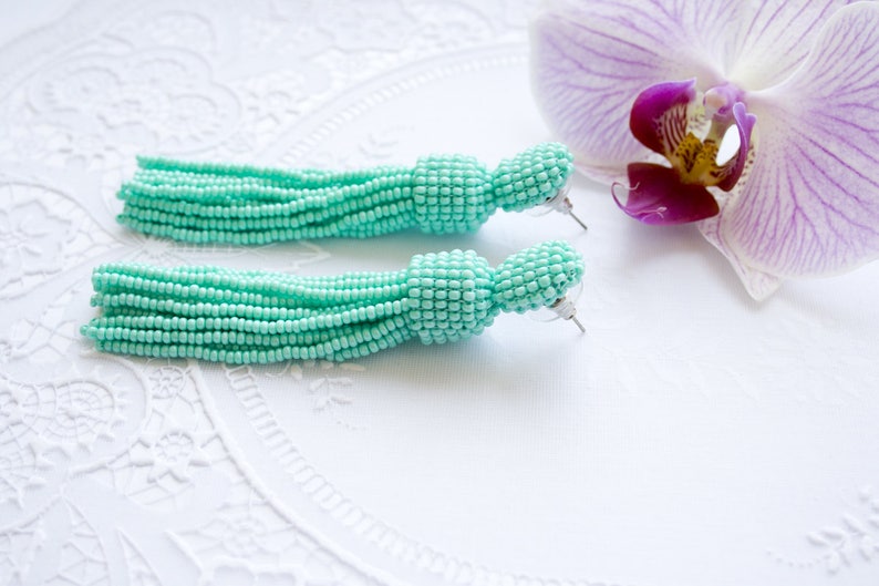 Turquoise mat tassel Seed beaded earrings Oscar de la Renta style Stud earrings Turquoise drop fringe earrings Statement trending earrings image 3