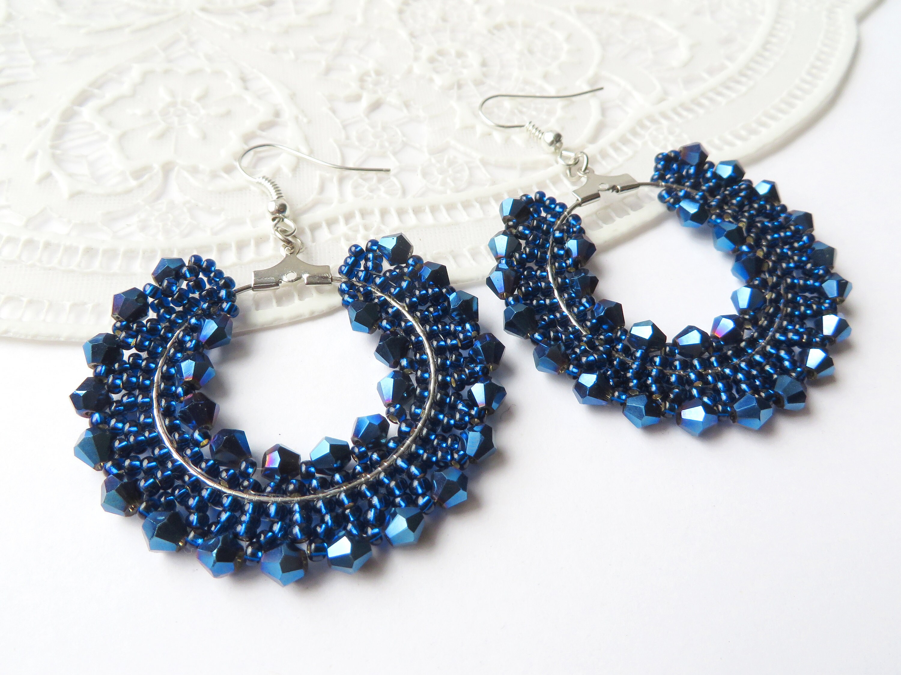 Navy Crystal Beaded Hoop Earrings Statement Earrings Seed Bead Etsy