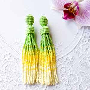 Green Yellow beaded tassel earrings Summer outdoors Summer party Oscar de la Renta style earrings Fringe earrings Long tassel earrings Oscar