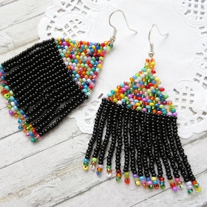 Multicolor earrings Colorful beaded tassel earrings Rainbow seed bead earrings Oscar de ra renta earrings Black tassel Statement earrings