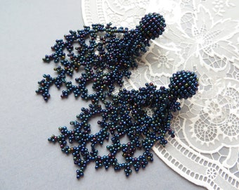 Long navy blue tassel earrings Coral green earrings Statement earrings Seed beads earrings Dangle Wedding earrings Beaded clip on earrings