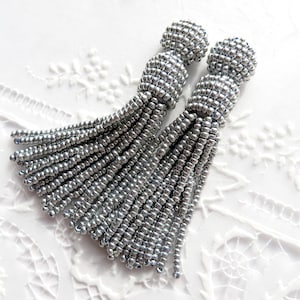 Silver Clip on earrings Beaded tassel earrings Short Seed bead earrings Oscar de la Renta earrings Long tassel Stud earrings Fringe earrings