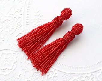Red shiny earrings Seed Beaded tassel earrings Oscar de la Renta style earrings Long tassel earrings Fringe earrings Statement Drop earrings