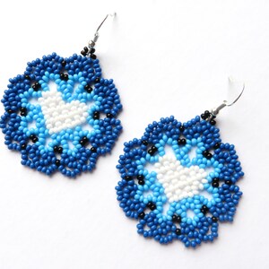 Navy Blue flower earrings Huichol earrings Native Mexican earrings Seed bead earrings Red Heart earrings Turquoise earrings Beaded flowers