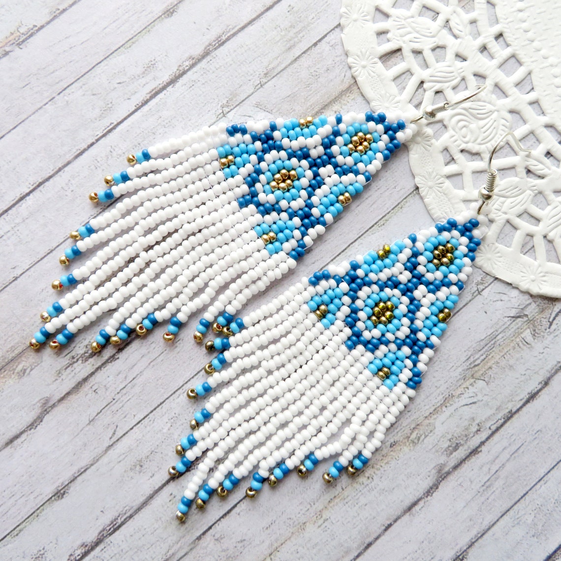 Native Beaded Earrings Long White Blue Seed Bead Earrings Multicolored ...