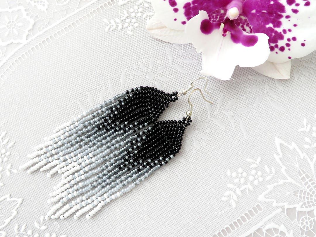White Black Beaded Tassel Earrings Fringe Ombre Earrings Long Earrings ...
