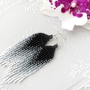 White Black Beaded tassel earrings Fringe Ombre earrings Long earrings Seed bead earrings Gradient beaded earrings Modern Dangle earrings