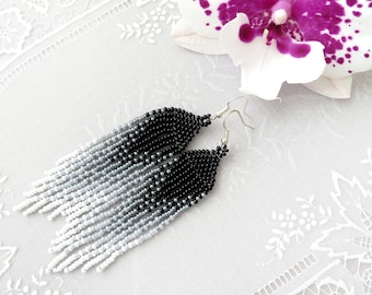 White Black Beaded tassel earrings Fringe Ombre earrings Long earrings Seed bead earrings Gradient beaded earrings Modern Dangle earrings