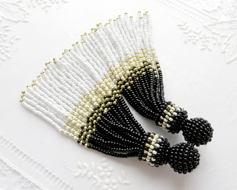 Black White Gold earrings Seed Beaded tassel earrings Oscar de la Renta style Long tassel Clip on earrings Statement Shiny Drop earrings