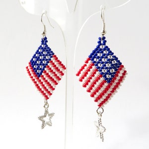 American Flag Earrings 4th of July earrings Long Beaded earrings American Silver Star Patriotic Earrings US Flag earrings Red White and Blue