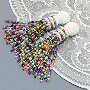African Ethnic earrings White rainbow stud seed bead earrings Multicolor clip earrings Colorful beaded tassel earrings Oscar style jewelry
