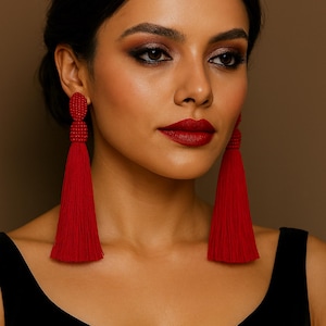 Large Clip silk tassel earrings Burgundy Stud tassel earrings Beaded tassel earrings Long Oscar earrings Red clip tassel Seed bead jewelery image 10