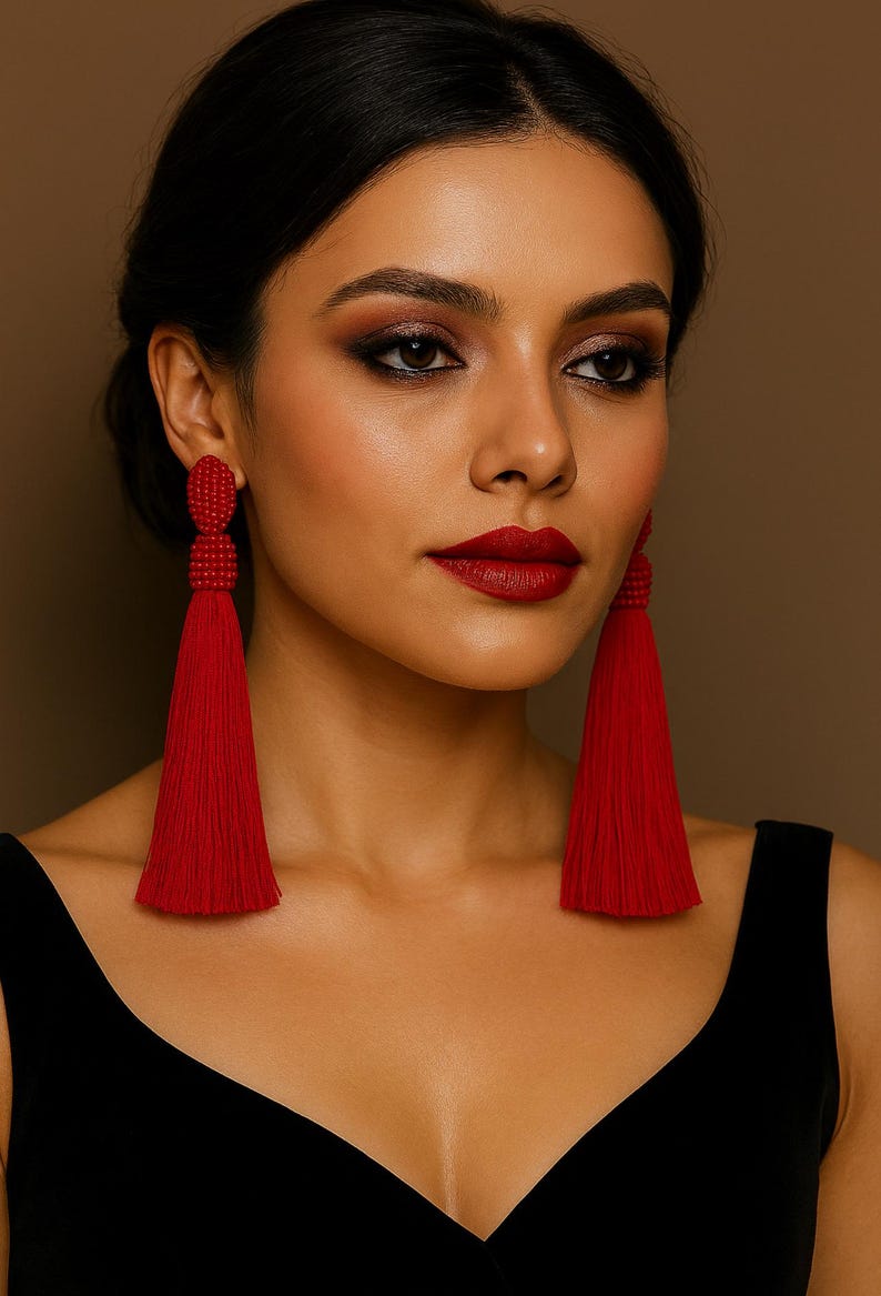 Large Clip silk tassel earrings Burgundy Stud tassel earrings Beaded tassel earrings Long Oscar earrings Red clip tassel Seed bead jewelery image 10