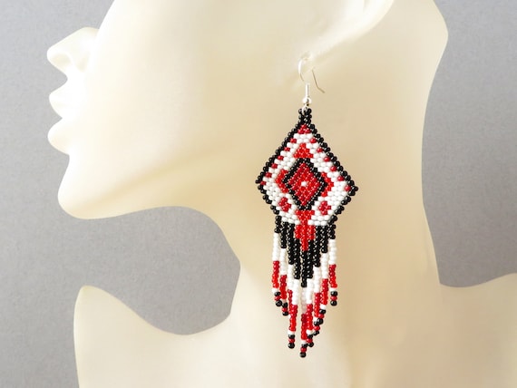 Buy Native Beaded Earrings Long Black Red White Seed Bead Earrings
