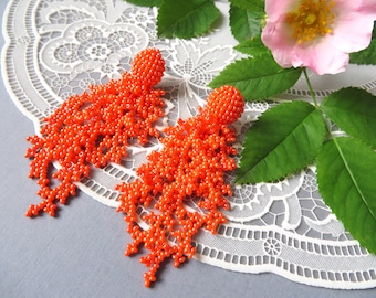 Orange Coral beaded earrings Statement earrings Long beaded tassel earrings Seed beads earrings Dangle Wedding earrings Orange Beach jewelry