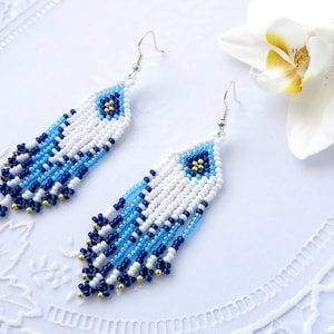 Long Navy Blue earrings Long tassel earrings Beaded earrings Fringe earrings American Indian style Navy Blue tassel Seed bead Birthday gift