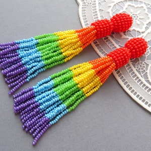 Long rainbow earrings Clip beaded tassel earrings Oscar de la Renta stud earrings Seed beads earrings Statement earrings Celebrity jewelry