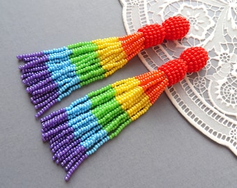 Long rainbow earrings Clip beaded tassel earrings Oscar de la Renta stud earrings Seed beads earrings Statement earrings Celebrity jewelry